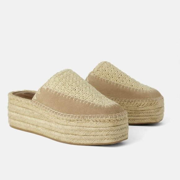 NWOT Zara ecru and khaki suede crochet espadrille platform sandals, EU 38 - Picture 1 of 14